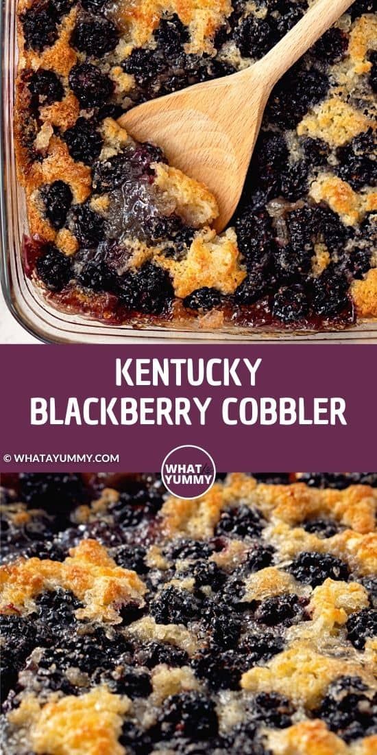 blueberry cobbler in a glass baking dish with a wooden spoon and text overlay that reads kentucky blackberry cobbler