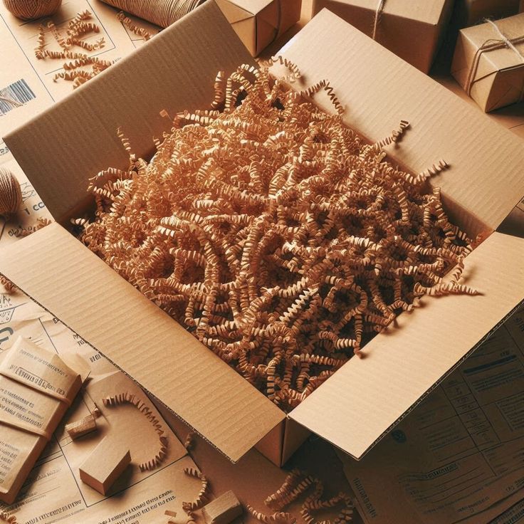 a box filled with lots of wooden beads next to other boxes and paper machs