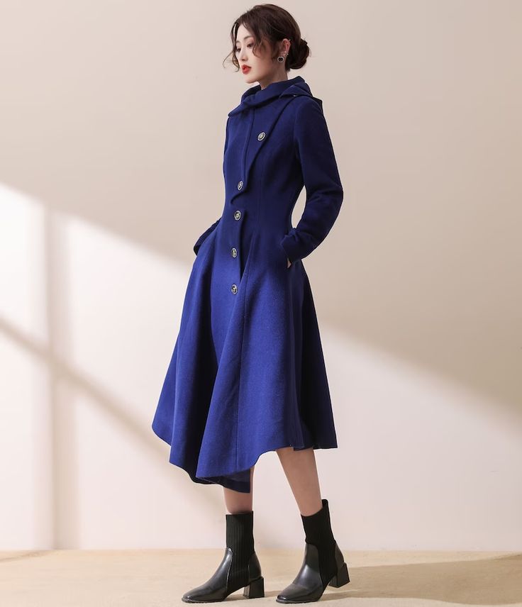 Blue Wool Coat Asymmetric Wool Coat Long Wool Coat Hooded - Etsy Long Wool Coat Women, Blue Wool Coat, Fit And Flare Coat, Green Wool Coat, Winter Coat Women, Hooded Wool Coat, Red Wool Coat, Long Black Coat, Wool Coat Women