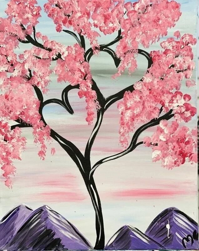 a painting of a tree with pink flowers in the shape of a heart and mountains