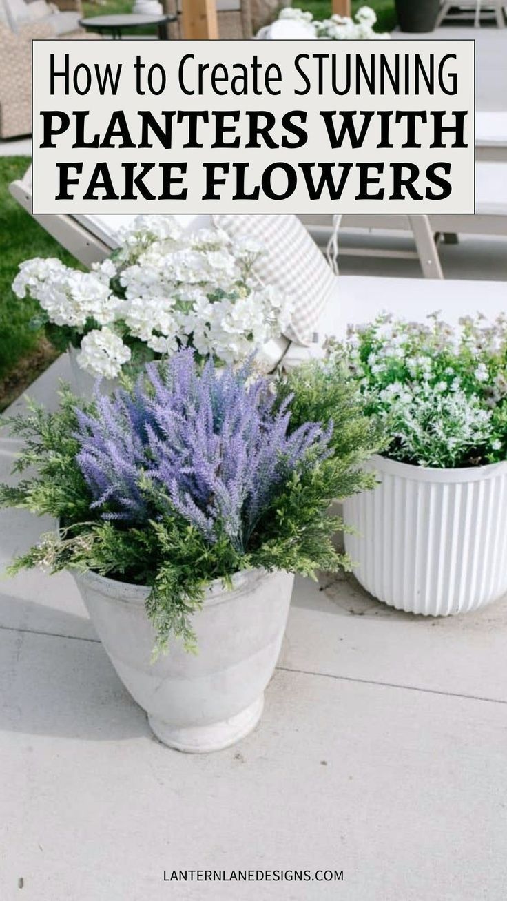 two white planters with fake flowers in them and the words, how to create stunning planting