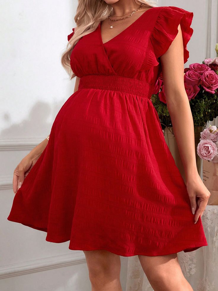 Maternity Romantic Holiday Ruffled Sleeve V-Neck Dress Red Casual  Cap Sleeve Woven Fabric Plain A Line Non-Stretch  Maternity Clothing, size features are:Bust: ,Length: ,Sleeve Length: Maternity Dresses Casual Short, Cotton Maternity Dress Casual, Cute Maternity Dresses Casual, Maternity V-neck Ruched Dress, V-neck Ruched Maternity Dress, Maternity V-neck Dress With Ruched Details, Red V-neck Maternity Dress, Summer Maternity V-neck Dress, Summer V-neck Maternity Dress For Party