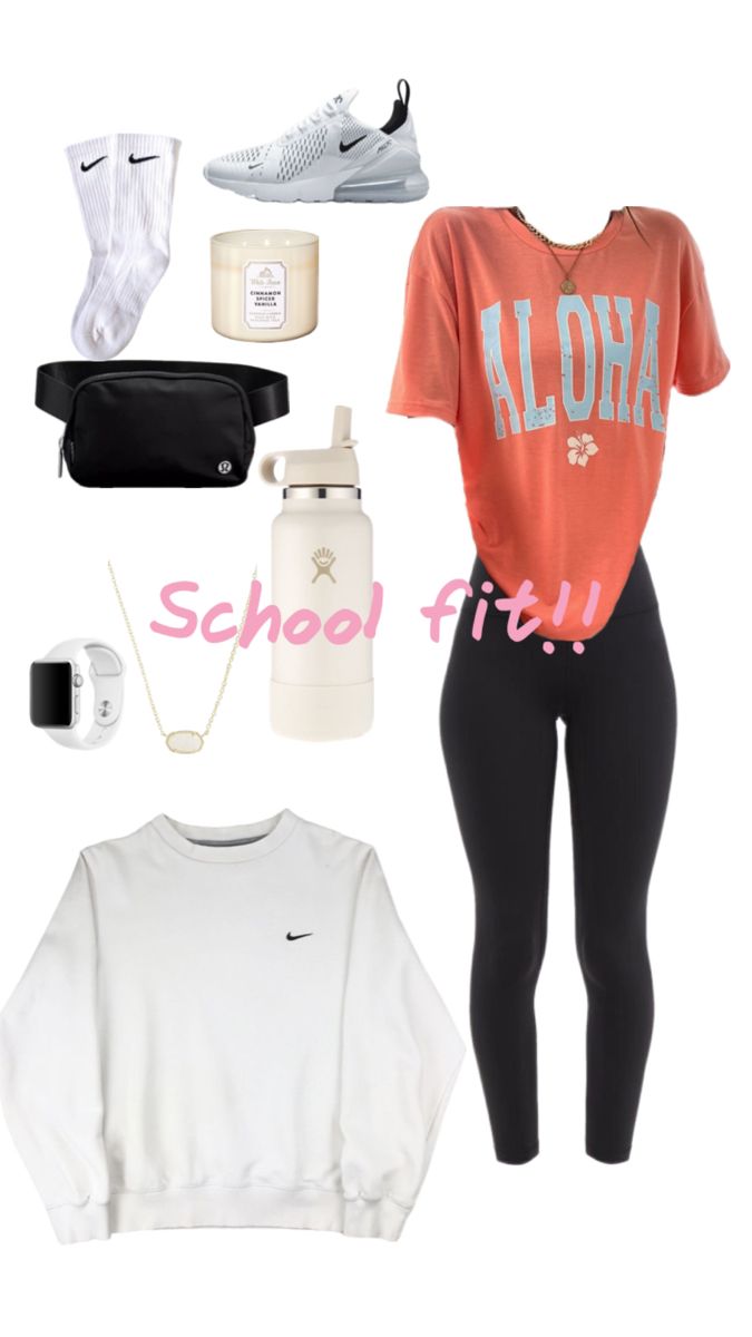 Pink Malibu shirt with black leggings, hydro flask,candle,Apple Watch, nike socks,nike shoes,lululemon phanypack,Kendra Scott necklace Fit For School, Outfit For School, Preppy Outfit, Womens Dress, Back To School Outfits, School Outfits, Middle School, Back To School