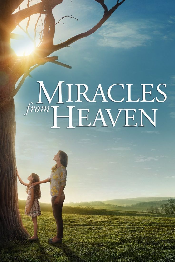 two girls holding hands in front of a tree with the sun shining behind them and text that reads, miracles from heaven