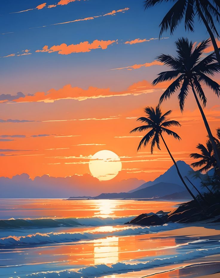 a painting of the sun setting over an ocean with palm trees