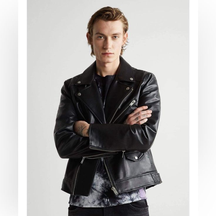 Nwt Zara Man Black Faux Leather Biker Jacket Size L Large Rocker Style Fall Biker Jacket For Biker Events, Rocker Biker Jacket For Fall Events, Fall Rocker Biker Jacket For Biker Events, Fall Rocker Biker Jacket, Edgy Leather Outerwear With Zipper Closure, Edgy Leather Outerwear For Fall, Edgy Leather Jacket For Fall, Edgy Fall Biker Jacket For Streetwear, Zara Leather Jacket With Zipper For Winter