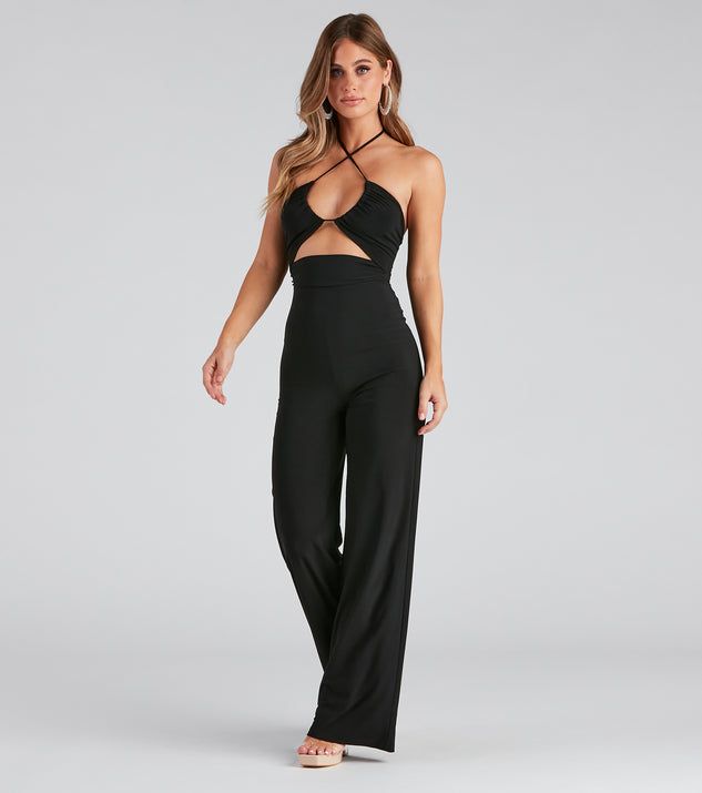 Sleek And Sultry Halter Jumpsuit | Windsor Summer Party Jumpsuits With Crisscross Straps, Elegant Halter Neck Jumpsuits For Night Out, Chic Jumpsuits And Rompers With Crisscross Straps, Glamorous Halter Neck Jumpsuit For Night Out, Evening Backless Jumpsuits And Rompers, Backless Evening Jumpsuits And Rompers, Chic Halter Neck Jumpsuits And Rompers For Party, Glamorous Backless Jumpsuits For Night Out, Spring Strapless Backless Jumpsuit For Night Out