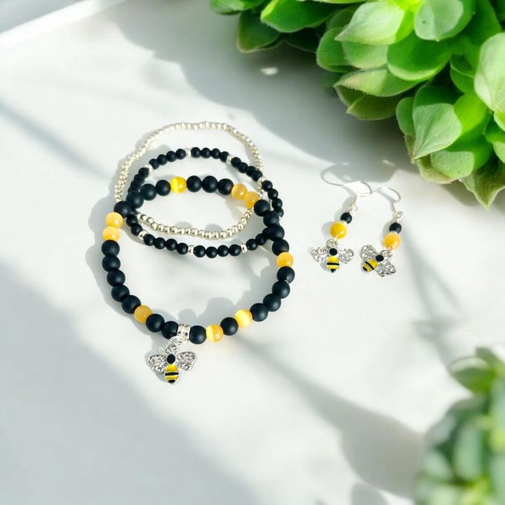 Stackable Gemstone Bracelets With Bee Charm & Matching Earrings Build Your Set - Etsy Australia Bee Bracelet, Silver Bead Earrings, Bee Charms, Acrylic Charms, Gemstone Bracelets, Sterling Silver Bead, Spacer Beads, Matching Earrings, Black Onyx