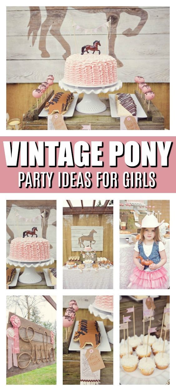 vintage pony party ideas for girls with pink and brown decorations, cupcakes, horse silhouette