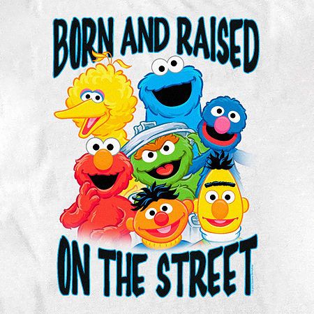 the sesame street crew is wearing white shirts with blue lettering that says,'born and raised on the street '