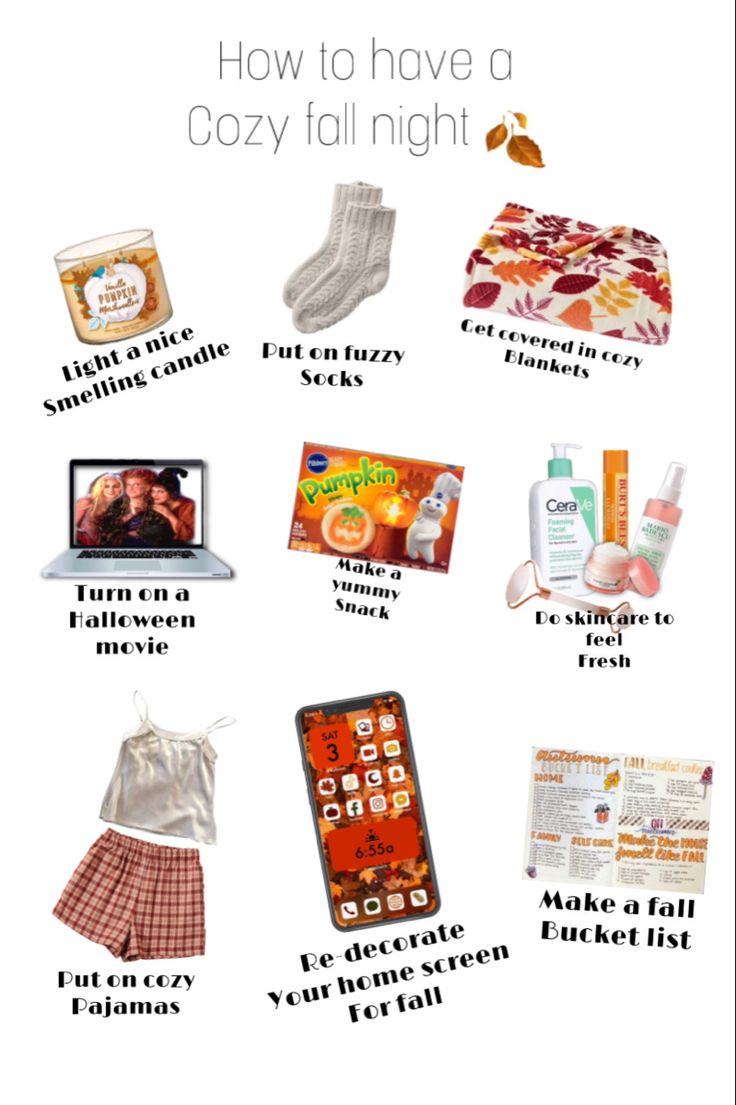 a poster with the words how to have a cozy fall night in english and spanish