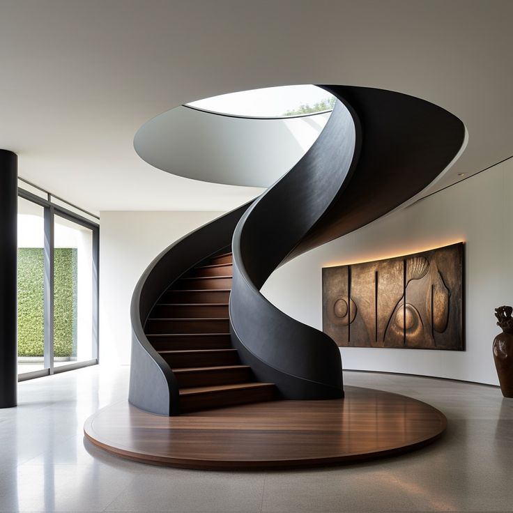 a large spiral staircase in a modern home