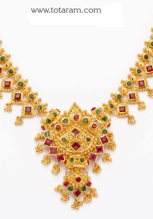 22 Karat Gold Ruby Necklace & Long Earrings set with intricate workmanship. 
  Gross Gold Weight: 41.950 grams
  Ruby & Emerald Weight: 13.50 Carats
  Length of Necklace : 9.50 inches 
  Length of pendant : 1.70 inches 
  Width of Pendant : 1.25 inches 
  Length of Earring : 1.00 inches
  Width of Earring : 0.40 inches
   - 235-GS1168 - in 41.950 Grams for USD $3496.99. 
Made in India by Totaram Jewelers Online this product is in Gold - 22 Karat BIS Hallmark 916 KDM Gold  & is an Luxury Ruby Temple Necklace With Tilla, Ruby Emerald Necklace, Gold Ruby Necklace, 22k Gold Bangles, Gold Bangles For Women, Ruby Emerald, Bridal Gold Jewellery Designs, Gold Diamond Jewelry, Ruby Necklace