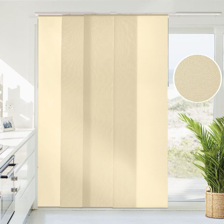 Brunch Tan Sliding Door Shades, Sliding Glass Door Blinds, Contemporary Window Treatments, Contemporary Window, Glass Door Curtains, Patio Door Blinds, Panel Track Blinds, Door Shades, Quad Rail