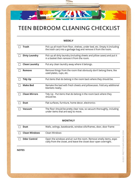 a clipboard with a checklist on it that says teen bedroom cleaning checklist