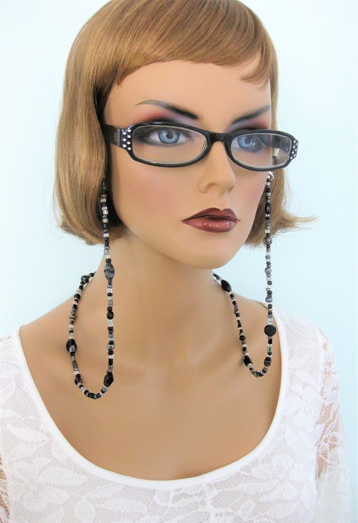 "Black Beaded Eyeglass Chain, and Eyeglass Necklace combination, handmade jewelry by Ralston Originals. Your choice of black and silver beads, or black and gold beads. Unique from any other Eyeglass Chains on Etsy, Ralston Originals was the first to add the lobster clasp at the end of the chain to join together to make a Necklace. Brilliant! This makes it even more unique because you now have two pieces of jewelry in one!! Wear it to work or out shopping as a necklace, then wear it as a chain fo Black Glass Beaded Jewelry, Black Beaded Glass Necklaces, Black Glass Beaded Necklaces With Round Beads, Black Beaded Glass Necklace, Black Glass Beaded Necklace With Round Beads, Handmade Black Glass Beads, Handmade Glass Beads In Black, Black Glass Beaded Necklaces With Beaded Chain, Black Glass Polished Beads Jewelry