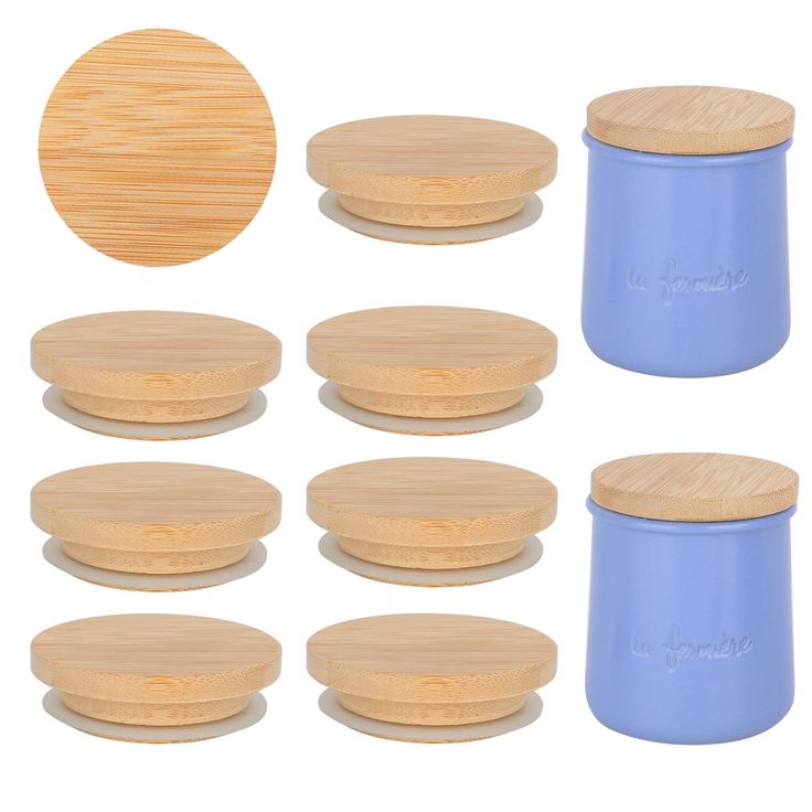 six wooden coasters and one blue ceramic jar with bamboo lid are shown in this image