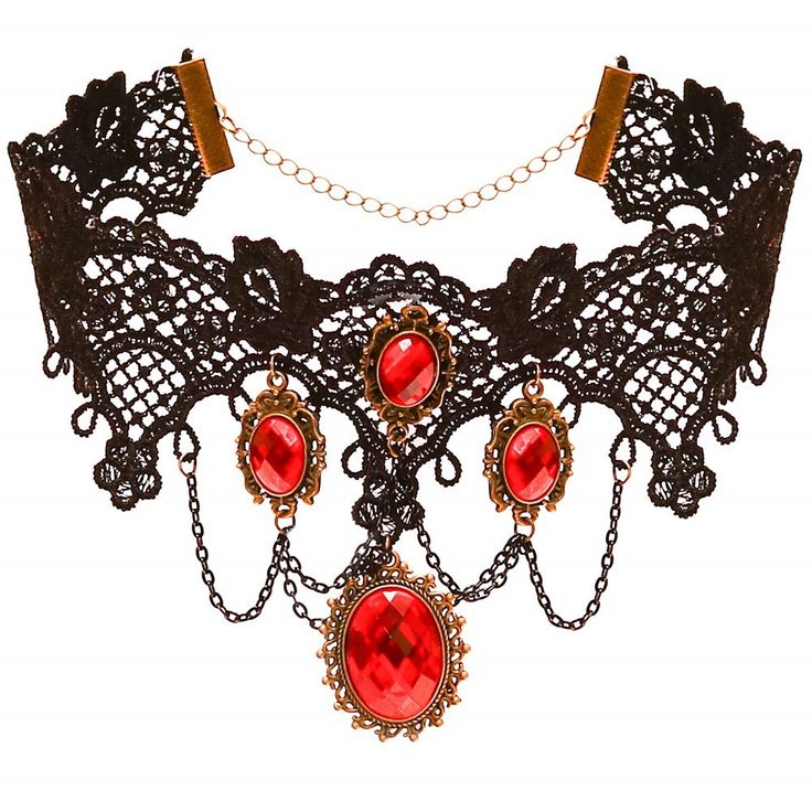 Skeleteen Red and Black Jewelry costume accessory is perfect for Halloween and Dress-up. The choker is made of black lace and has an adjustable neck that fits a circumference of 13" to 16". The earrings have 2 red rhinestones each that dangle and are light. This extravagant chandelier necklace set is ideal for dressing up as a vampire for Halloween. Skeleteen items are made of tested materials that are non-toxic and safe. Gothic Black Costume Accessories As Gift, Vintage Red Choker For Party, Red Punk Choker For Festivals, Adjustable Gothic Choker For Costume Party, Black Vampire Choker For Halloween, Black Choker For Halloween Costume Party, Black Halloween Choker For Costume Party, Halloween Party Black Choker, Red Punk Choker As Gift