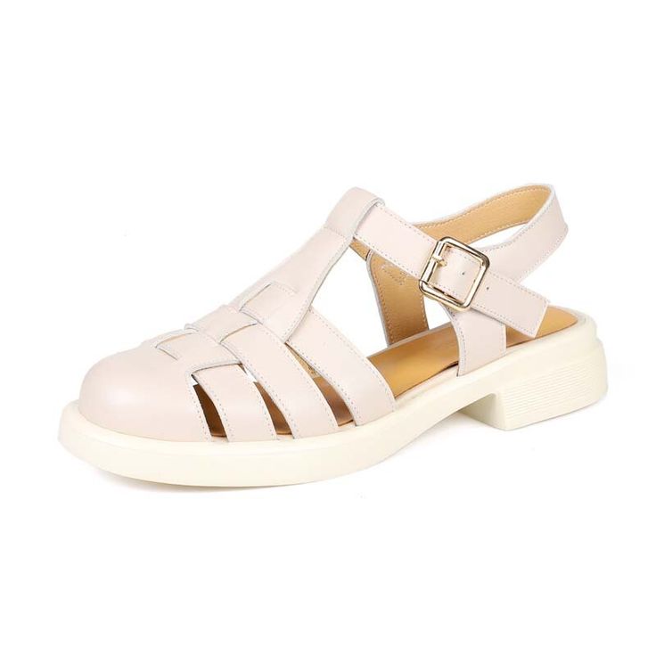 Genuine Leather Women Retro Fisherman Sandals Summer Buckle Low Heels SmallHut Brand 1,Upper Material is Genuine Cow Leather2,Lining Material is Pigskin+Genuine Cow Leather3,Bottom Sole Material Rubber4,Heel Height 2cm5,Color:White/ Brown / Black6,Size:34,35,36,37,38,39,407,Season: Spring / Summer8,Fashion Element:Retro / Hollow / Fishermen / Closed Toe / Buckle About Size If your foot length is 22cm,advise choose Size: 34If your foot length is 22.5cm,advise choose Size: 35If your foot length is Spring High Heel Sandals With Metal Pin Buckle, Summer Closed Toe Heels With Metal Pin Buckle, Summer Closed-toe Heels With Metal Pin Buckle, Summer Closed Toe Sandals With Metal Pin Buckle, Closed Toe Sandals With Metal Pin Buckle For Summer, Beige T-strap Sandals With Buckle Closure And Round Toe, Beige Low Heel Sandals With Buckle Closure, Closed Toe Beige Sandals With Buckle Closure, Beige Closed Toe Sandals With Buckle Closure