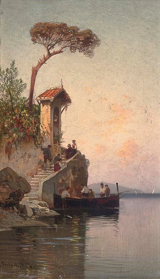 a painting of people on a boat in the water near a small house and tree