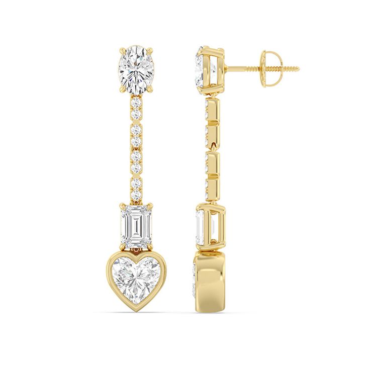 While these earrings are perfect for making a statement at parties and special events, their design is versatile, making them suitable for various occasions where you want to showcase your unique style.The heart-shaped diamonds at the ends of these earrings are the focal point, exuding romance and timeless charm. They symbolize love and passion, adding a touch of sentiment to the design. Luxury Diamond Earrings For Valentine's Day, Elegant Diamond White Heart Earrings With Prong Setting, Luxury Diamond Earrings For Valentine's Day Formal, Elegant Diamond White Heart Earrings For Formal Occasions, Elegant Diamond Heart Earrings With Brilliant Cut, Elegant Heart-shaped Earrings With Diamond Accents, Elegant Heart Cut Earrings With Diamond Accents, Elegant Heart Cut Diamond Earrings For Valentine's Day, Elegant Heart Cut Diamond Earrings