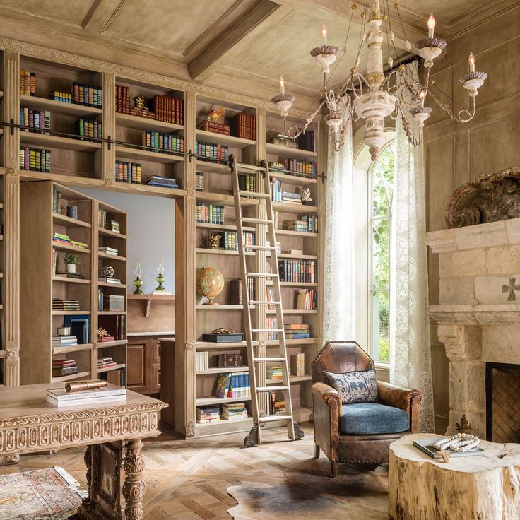 a living room filled with furniture and a fire place in front of a book shelf