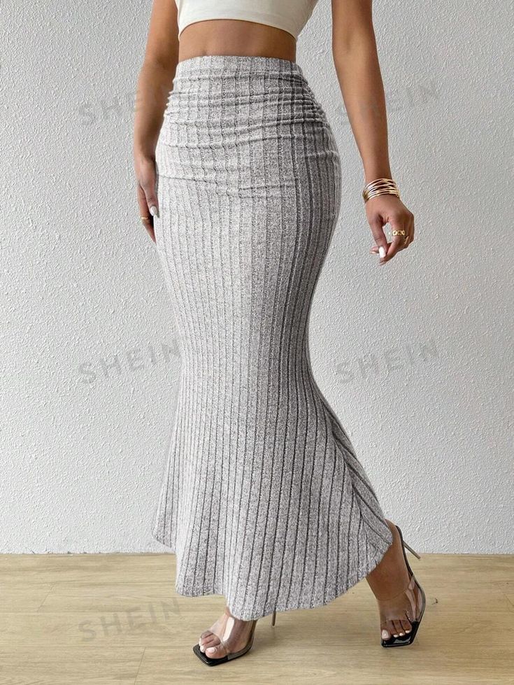 Style:Casual \nDetails:Ruched \nStyle:Sexy \nType:Mermaid \nColor:Grey \nPattern Type:Plain \nWaist Line:Natural \nLength:Long \nFit Type:Skinny \nFabric:High Stretch \nMaterial:Knitted Fabric \nComposition:96% Polyester \nComposition:4% Elastane \nCare Instructions:Machine wash, do not dry clean,wash with the soft detergent \nSheer:No \n Spring Skirts, Women Skirts, Mermaid Skirt, Spring And Fall, Knitted Fabric, Style Casual, Womens Skirt, Mermaid, Dry Clean