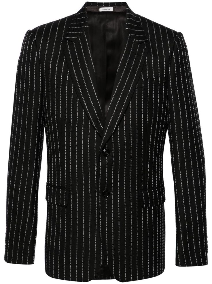 black/white wool twill weave pinstripe pattern notched lapels front button fastening long sleeves buttoned cuffs chest welt pocket two side flap pockets American rear vent straight hem full lining