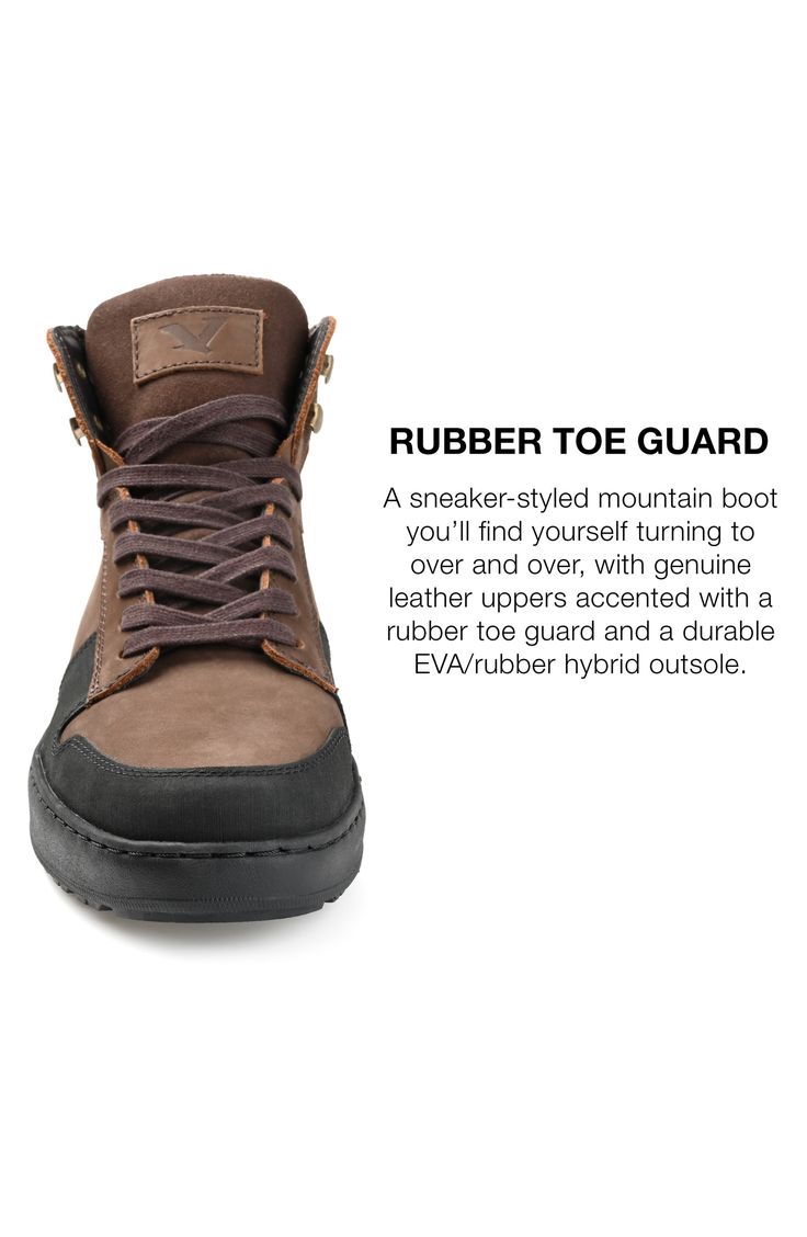 Hybrid EVA rubber outsole combines lightweight flexibility without sacrificing durability for all-day comfort in the Triton sneaker boot. 4.5" shaft Lace-up closure Cushioned insole Leather construction Padded collar Logo branding Rubber outsole Leather upper/mesh lining/EVA outsole Imported Slip-resistant High-top Waterproof Boots For Adventure, Slip-resistant Lace-up Hiking Boots For Adventure, Brown Slip-resistant Low-top Boots, Durable Leather Lace-up Sneakers, Rugged High-top Slip-resistant Hiking Boots, Durable High-top Adventure Boots, Rugged High-top Slip-resistant Boots, High-top Slip-resistant Work Boots For Outdoor Activities, Durable Leather High-top Sneakers