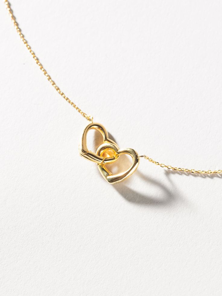 14K Gold Plated Heart Link Necklace - Secret Box | New York & Company Secret Box, Interlocking Hearts, Necklace Brands, Link Necklace, Gold Plate, Plating, Brass, New York, Gold