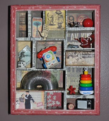 a red frame filled with lots of different items