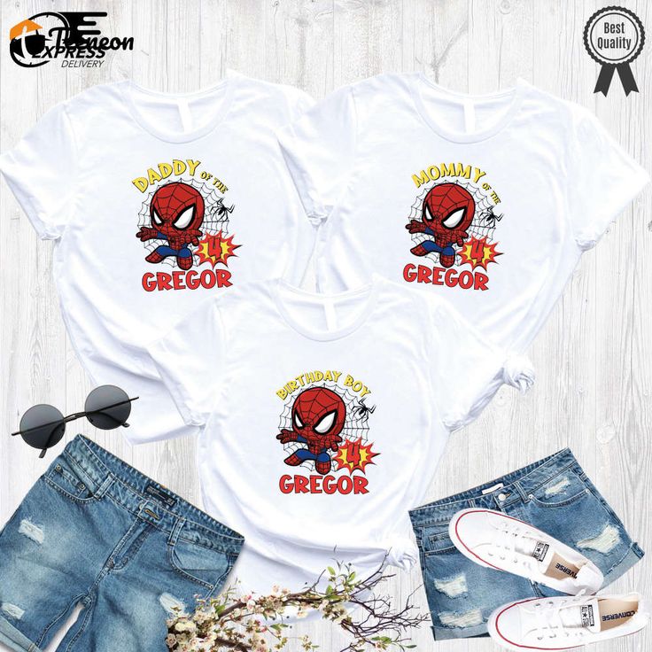 Spiderman Birthday Shirt - Celebrate with Superhero Style Custom Spiderman Party Attire Fun Graphic Print Tops For Family Events, Fun Birthday Shirt For Father's Day, Family Matching Shirt With Character Print For Birthday, Fun Cartoon Print Tops For First Birthday, Family Matching Shirt With Cartoon Print For Birthday, Superhero Birthday T-shirt With Short Sleeves, Superhero Short Sleeve Birthday T-shirt, Superhero Character Print Birthday T-shirt, Superhero Short Sleeve T-shirt For Birthday