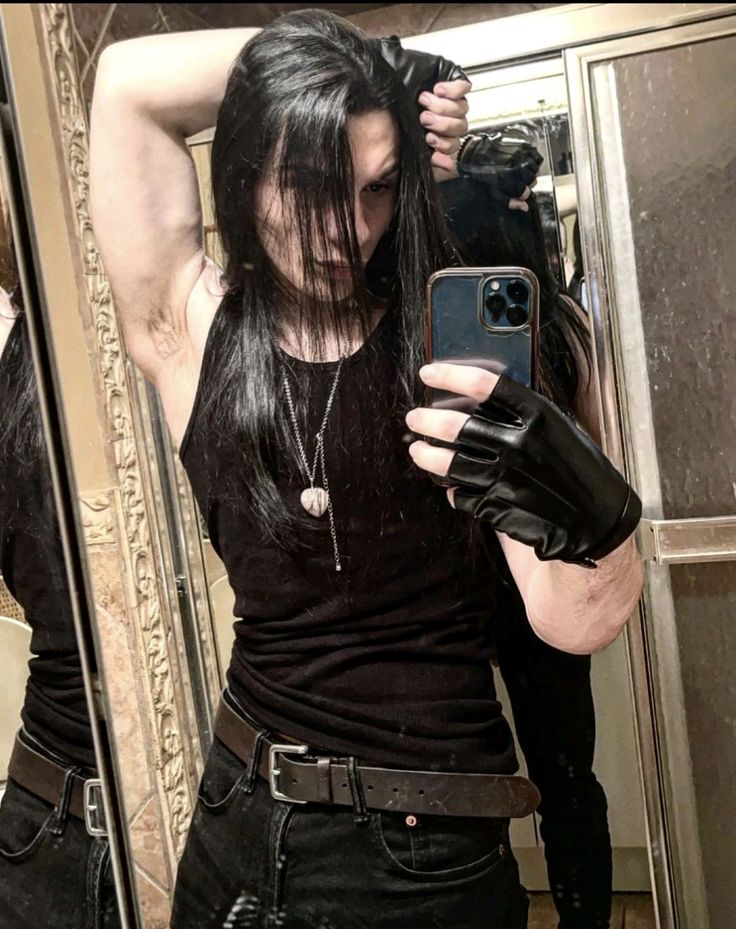 Hot Metalhead Guys With Long Hair, Florida Alt Fashion, Metal Head Men Long Hair, Men With Mascara, Goth Metalhead Guy, Muscular Goth Men, Buff Metalhead Guy, Buff Emo Guys, Men W Long Hair