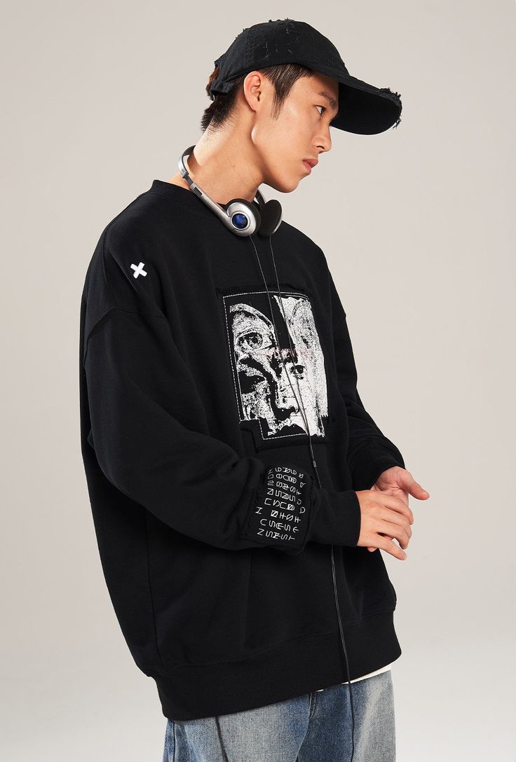 NSTNEW START cotton-blend sweater, rib knit crewneck/hem/cuffs, dropped shoulders, embroidered patches throughout, raw edged graphic and logo patch at front. Composition - 86.7% Cotton, 13.3% Polyester Sizing: US/EU Regular Fit Female Model: 170cm/49kg 5'7/108lbs wearing size L Male Model: 174cm/60kg 5'9/132lbs wearing size L Long Sleeve Sweatshirt With Embroidered Patch For Streetwear, Techwear Long Sleeve Sweatshirt With Ribbed Cuffs, Oversized Hip Hop Crew Neck Sweatshirt, Urban Sweater With Ribbed Cuffs For Streetwear, Streetwear Crew Neck Hoodie With Embroidered Patch, Streetwear Crew Neck Sweater With Embroidered Graphics, Streetwear Crew Sweater With Ribbed Cuffs, Streetwear Embroidered Patch Crew Neck Hoodie, Crew Neck Hoodie With Embroidered Patch For Streetwear