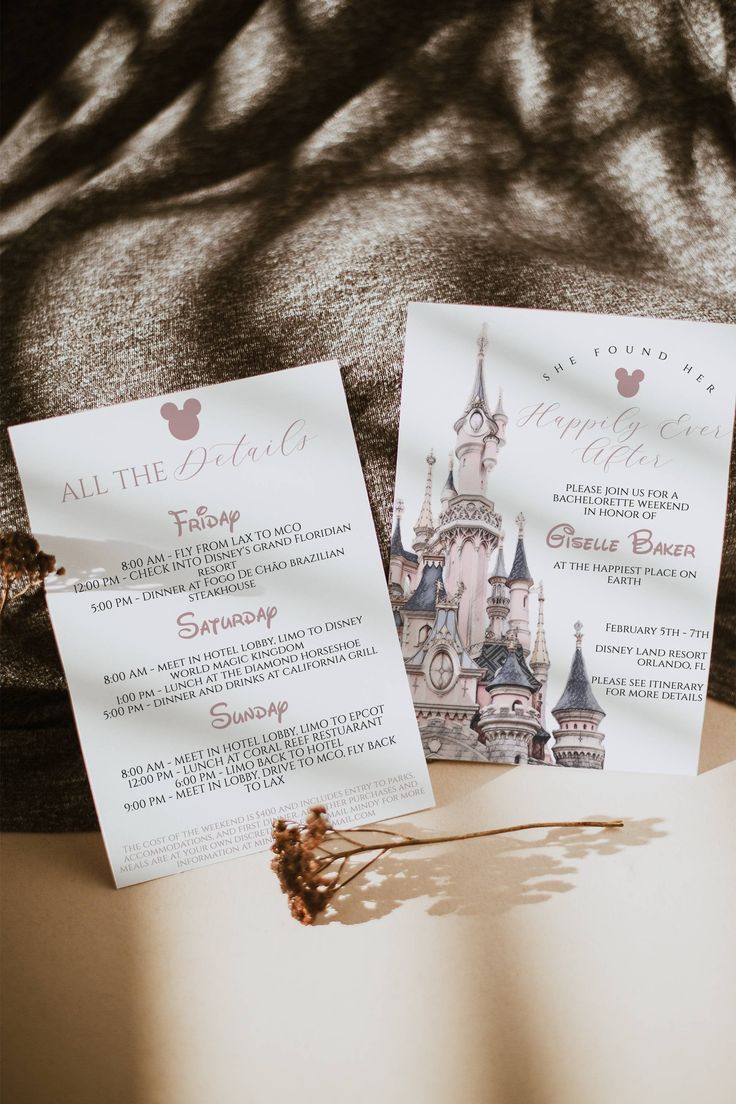 an image of wedding stationery with castle on it's front and back side