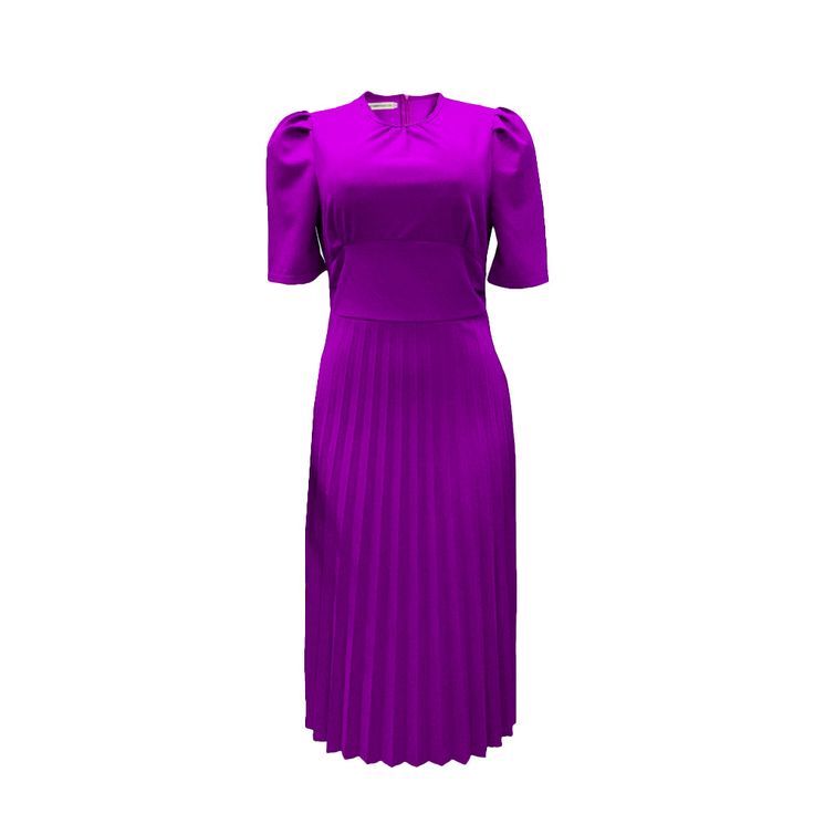 Short Sleeve Pleated Solid Color Plus Size Dress Fitted Purple Pleated Mini Dress, Purple Pleated A-line Dress, Short Sleeve Pleated Dress For Work, Fitted Solid Color Knee-length Pleated Dress, Fitted Knee-length Solid Color Pleated Dress, Purple A-line Dress For Workwear, Purple Short Sleeve Midi Dress For Evening, Elegant Purple Pleated Mini Dress, Fitted Pleated Short Sleeve Midi Dress