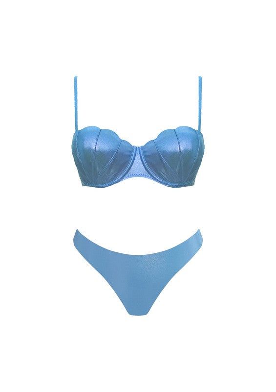 Dive into summer with our Shiny Seashell Bikini in blue! This swimsuit shines in the sun, making it the perfect choice for beach days or lounging by the pool. Featuring adjustable straps and mid-coverage bottoms, it's as practical as it is cute. Bring on the sunshine! Adjustable Straps Mid Coverage Bottoms Supportive Top Shines In The Sun Quick dry material Padded Cups Stretch Swimwear For Beach Season, Beachwear Swimwear With Boning For Sunbathing, Triangle Top Swimwear With Boning For Sunbathing, Boning Beachwear Swimwear For Sunbathing, Structured Beachwear Swimwear For Sunbathing, Stretch Swimwear With Boning For Beach, Beach Season Swimwear With Boning, Swimwear With Padded Cups For Beach Season Swimming, Padded Swimwear For Swimming During Beach Season