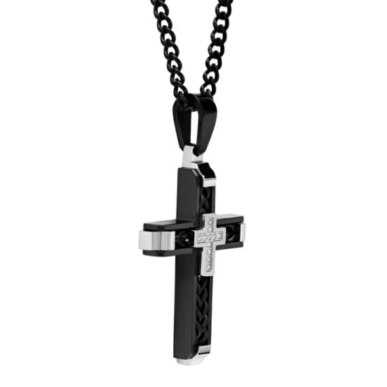 Diamond accent stainless steel black ion plated cross pendant. Includes a 24-inch black stainless steel curb link chain necklace with a lobster claw closure. Black Stainless Steel Cross Pendant Necklace, Black Stainless Steel Necklace With Cross Pendant, Black Stainless Steel Cross Jewelry, Modern Black Necklace With Curb Chain, Black Stainless Steel Cross Pendant Jewelry, Black Cross Pendant Chain Necklace, Black Stainless Steel Crucifix Necklace, Black Cross Pendant Necklace With Chain, Black Cross Necklace With Chain