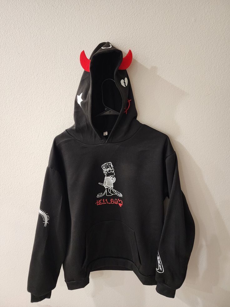 Lil Peep - Hellboy devil horn hoodie  Custom made by me with HTV on a poly-cotton blended fabric hoodie  Sizes S-XXL available. It does run a tad on the smaller side, so please keep this in mind when placing your order. I highly recommend sizing up 🙂*  Care instructions: Machine Wash Cold, Tumble Dry (inside out) on low setting  This product does typically take me a little longer to make, so please allow at least 10 business days from date of purchase for it to ship out🙏 Feel free to check out Alternative Cotton Hoodie With Crew Neck, Alternative Cotton Halloween Hoodie, Alternative Cotton Crew Neck Hoodie, Cotton Crew Neck Alternative Hoodie, Hip Hop Hoodie For Halloween, Hip Hop Halloween Hoodie With Graphic Print, Hip Hop Hooded Halloween Hoodie, Hooded Hip Hop Halloween Hoodie, Halloween Hip Hop Hoodie