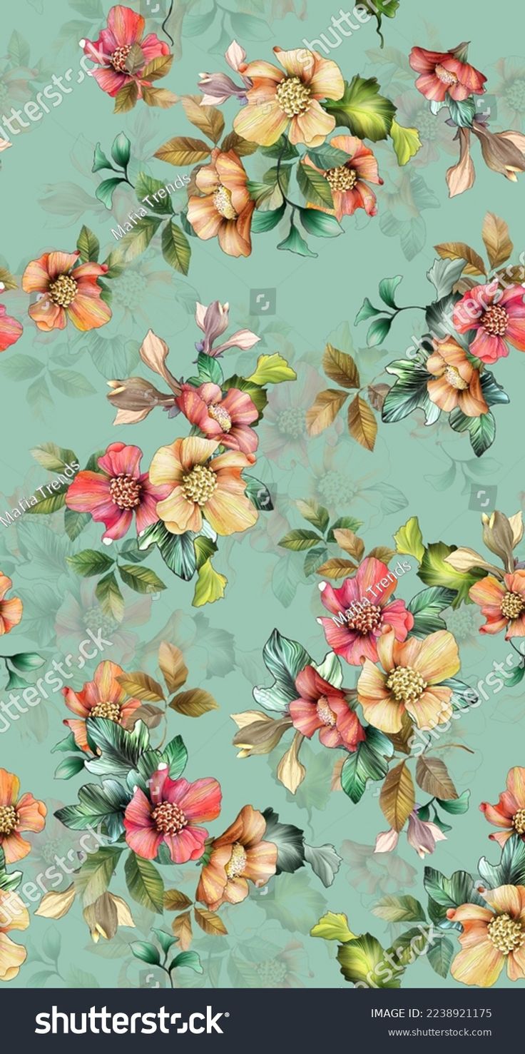 watercolor floral pattern on green background