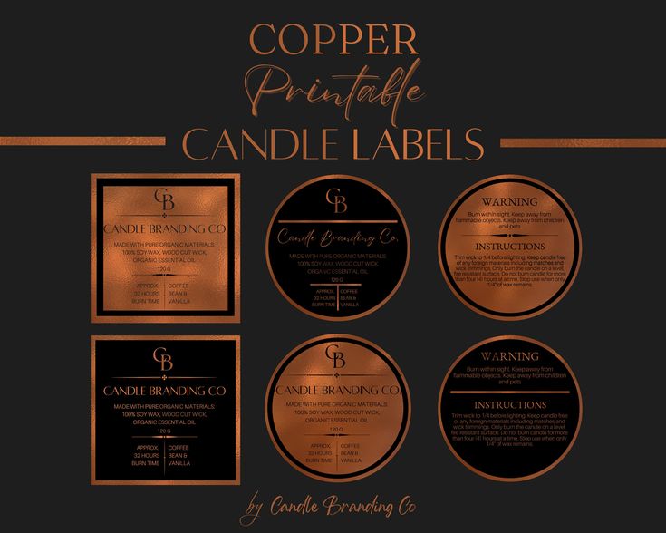 copper and black labels for candles on a black background with gold foil lettering that reads copper printable candle labels