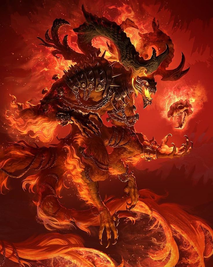 a demonic creature with fire and flames on it's body, in front of a red background