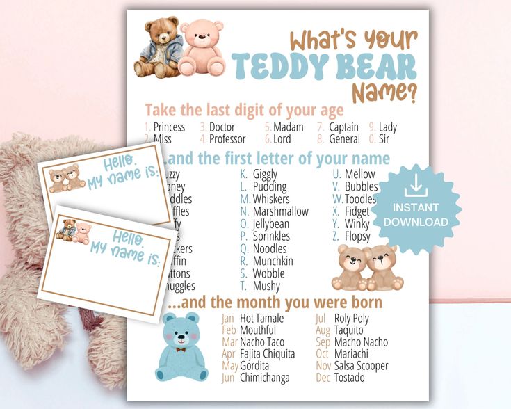 a teddy bear baby shower game is shown next to a teddy bear and its name