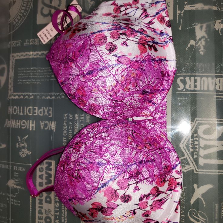 Beautiful Print With Lace Detail Purple Push-up Bra For Summer, Purple Push-up Bra With Padded Cups, Victoria's Secret Purple Underwire Bra, Victoria's Secret Purple Bra For Party, Victoria's Secret Purple Party Bra, Summer Purple Bra With Padded Cups, Victoria's Secret Purple Bra With Built-in Bra, Victoria's Secret Purple Padded Bra, Purple Underwire Bra For Party