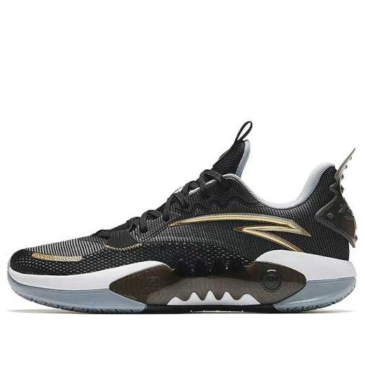 The ANTA Shock Wave 5 Team 'Black Golden' is a stylish and modern sneaker. Its silhouette is inspired by the latest trends, and its black and golden colorway is sure to make a statement. The sole is made of a durable material, providing a comfortable experience for everyday activities and work. The product series is designed to make a bold statement, and the 'Black Golden' edition is sure to stand out. Perfect for those who want to make a statement with their style. Black Lace-up Basketball Shoes, Black High-top Shock Resistant Sneakers, Black Wear-resistant Sneakers For Light Sports, Black Low-top Outdoor Basketball Shoes, Wear-resistant Black Sneakers For Light Sports, Black High-top Basketball Shoes With Shock Absorption, Functional Black Lace-up Basketball Shoes, Black Outdoor Basketball Shoes With Cushioned Footbed, Outdoor Black Basketball Shoes With Cushioned Footbed