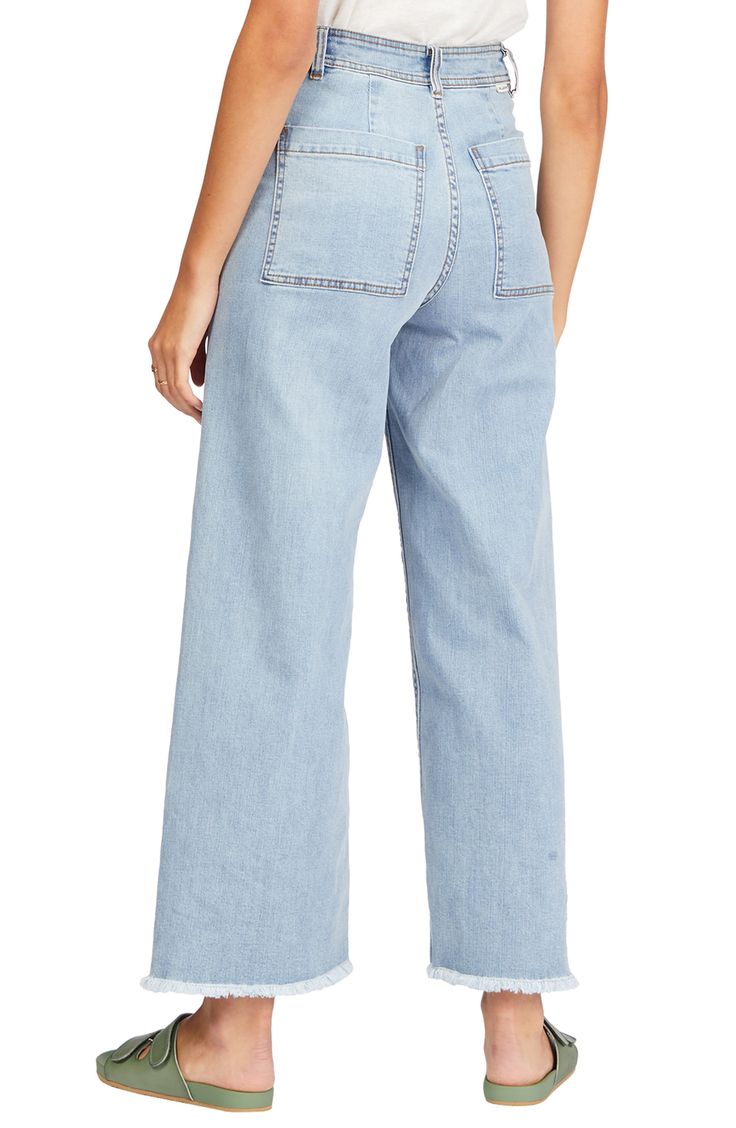 High-rise trouser jeans are ready for a stroll by the beach in light-wash, low-stretch denim with frayed hems and an easygoing wide-leg silhouette. Zip fly with button closure Back patch pockets 98% cotton, 2% elastane Machine wash, tumble dry Imported Women's Clothing Everyday Medium Wash Pants With Frayed Hem, Medium Wash Pants With Frayed Hem For Everyday, High Rise Cotton Wide Leg Pants For Spring, Spring High Rise Cotton Wide Leg Pants, Casual Wide Leg Cropped Pants With Frayed Hem, Summer Wide Leg Pants With Frayed Hem, High Rise Wide Leg Pants For Summer, High Rise Wide Leg Pants For Summer Everyday Wear, Summer High Rise Wide Leg Pants For Everyday