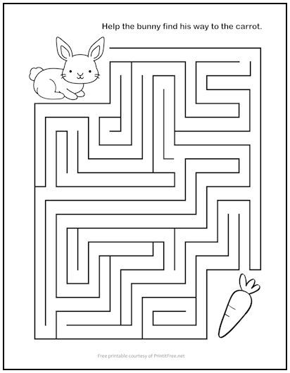 a maze with an image of a bunny and carrot on it, which is in the middle