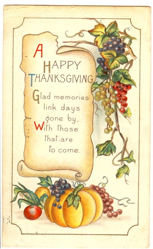 a happy thanksgiving card with pumpkins and grapes on the front, and a sign that says