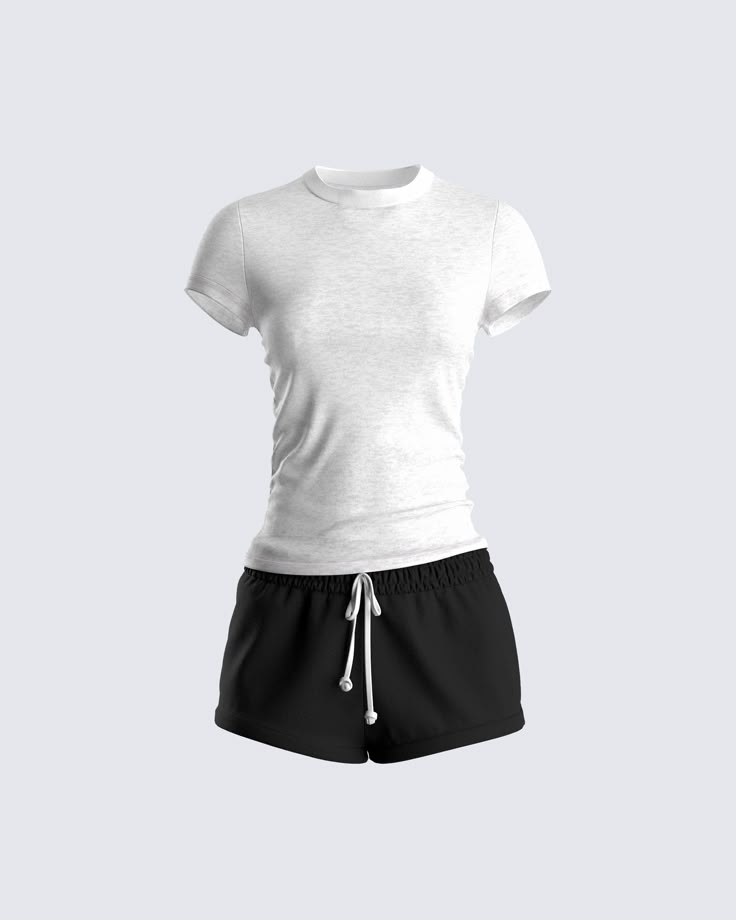 Sometimes a bad b*tch needs to take some time off, and that’s okay 🖤 Unwind, do some self-care, and refresh that baddie energy in this cozy 2 piece set. Featuring a white slub knit tee and black jersey graphic shorts ☁️ Shorts And Graphic Tee, Summer White Outfits, Work Out Outfits, Clothes Pieces, Baddie Energy, Chill Clothes, Cute Short, Crop Tops Cute, Bad Clothing