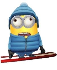 a cartoon minion with goggles and a snowboard on his feet, sitting in front of a white background